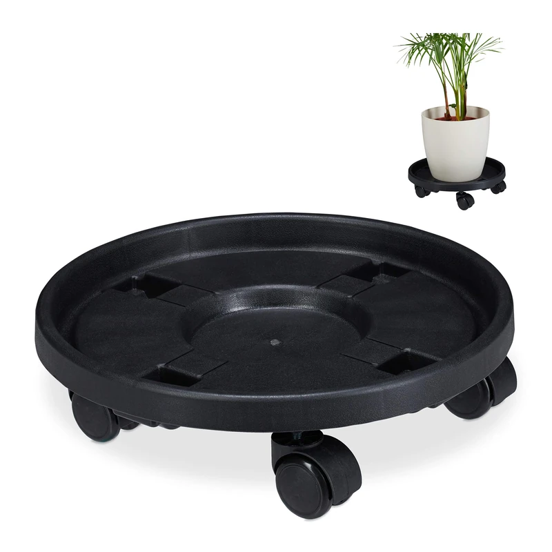 Relaxdays Plant Roller Round, Set of 2, HxØ: 10x35.5 cm, Flowerpot Holder with Castors, Plastic, Indoor & Outdoor, Black