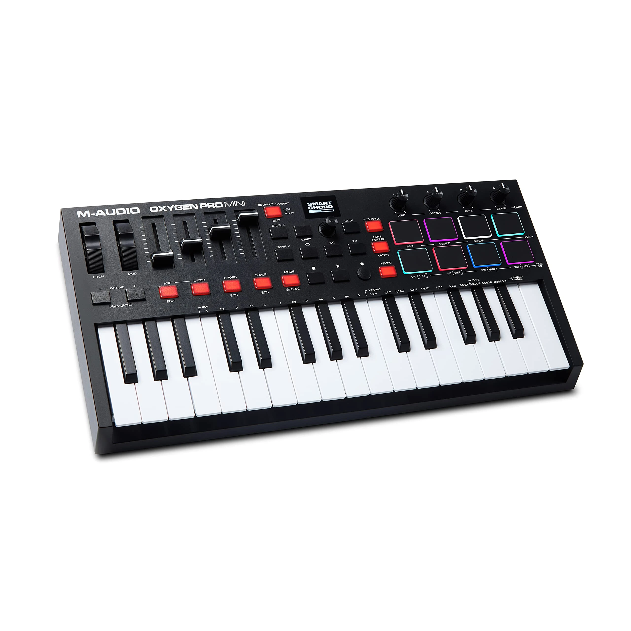 M-AUDIO Oxygen Pro Mini 32-Key USB MIDI Keyboard Controller for MacOS and WinOS, with Beat Pads, Assignable Knobs and Faders, and Native Instruments Sound Pack (NKS Integration)