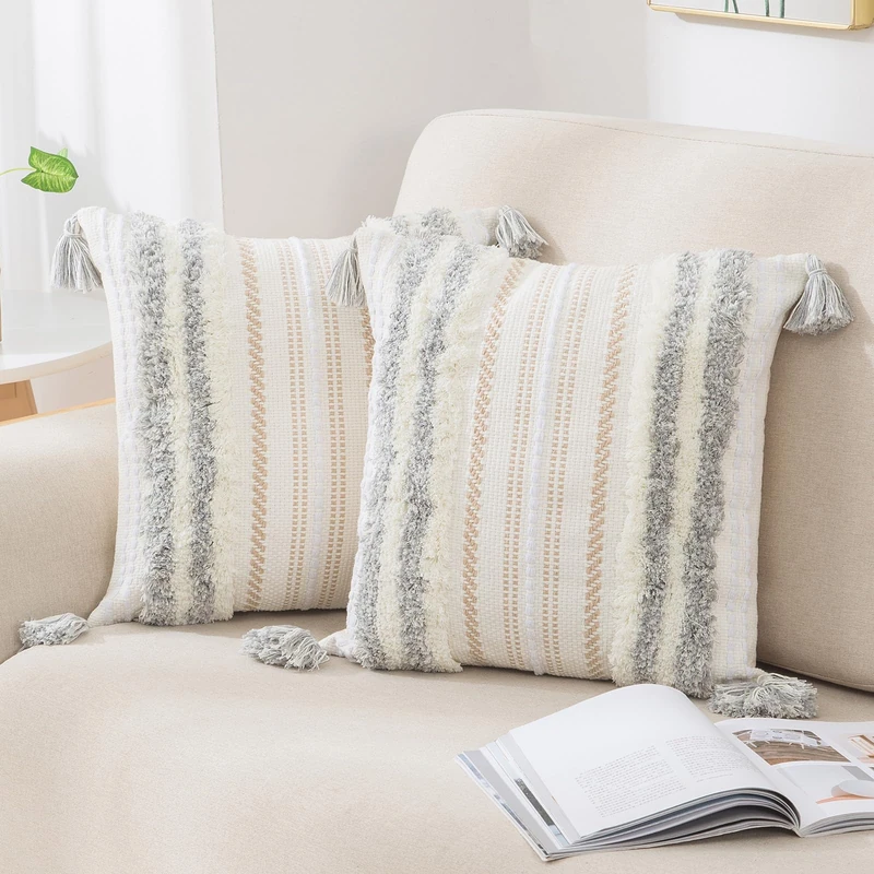 decorUhome Decorative Boho Throw Pillow Covers 20x20 Set of 2, Accent Neutral Textured Tufted Pillow Covers Striped for Couch Bed Sofa Living Room, Light Grey and Cream White