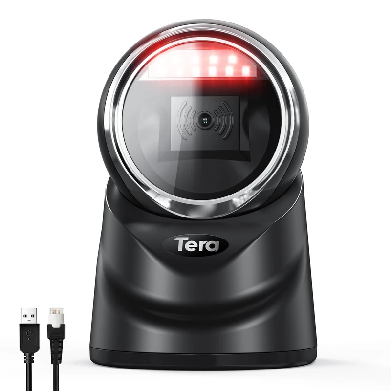 Tera Pro 2D QR Desktop Barcode Scanner Omnidirectional Adjustable Scan Head, USB Wired Handsfree Platform Automatic Bar Code Reader for Market Retail Store Phone Screen Payment, 9100