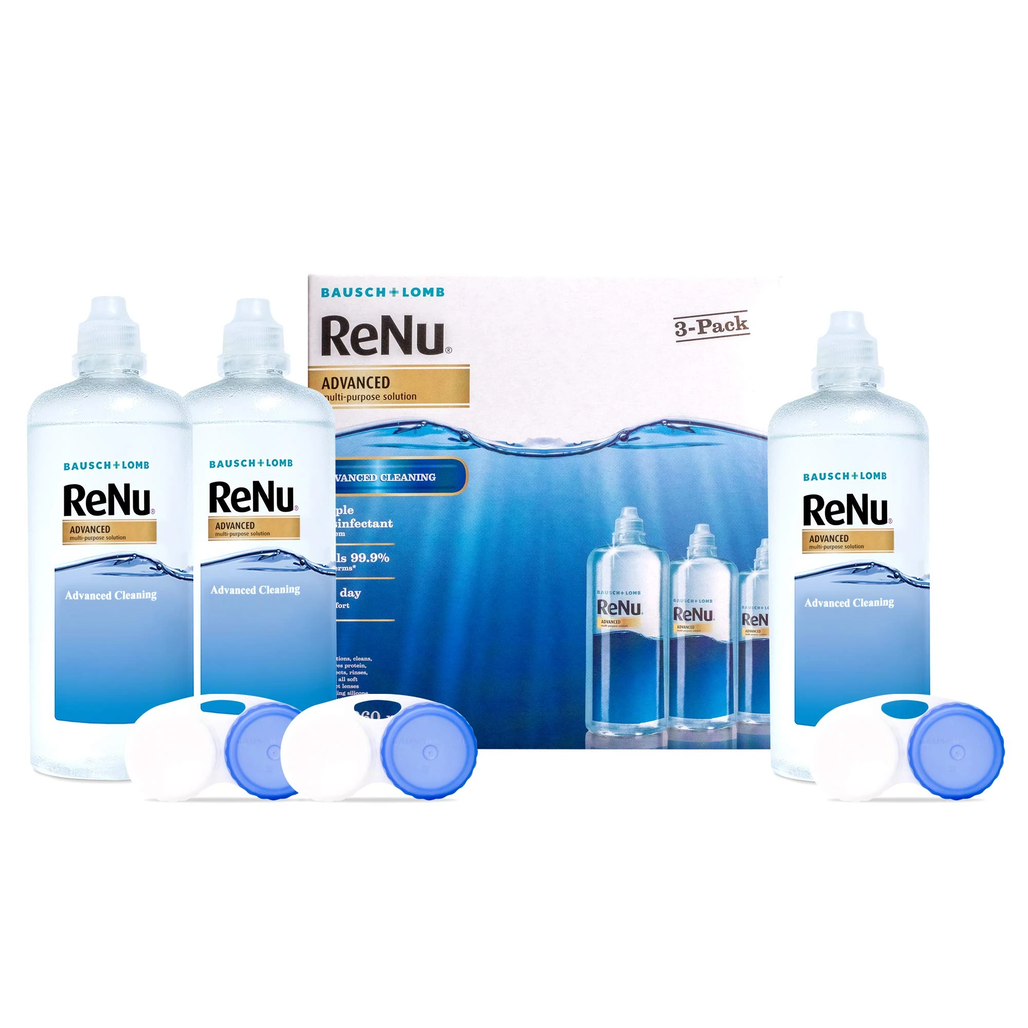 ReNu Advanced Contact Solution - for Soft Contact Lenses for Comfortable Wear - Gentle on Sensitive Eyes - Disinfect, Remove Protein, Condition, Store Your Lenses - Lens Case Included, 3 x 360 ml