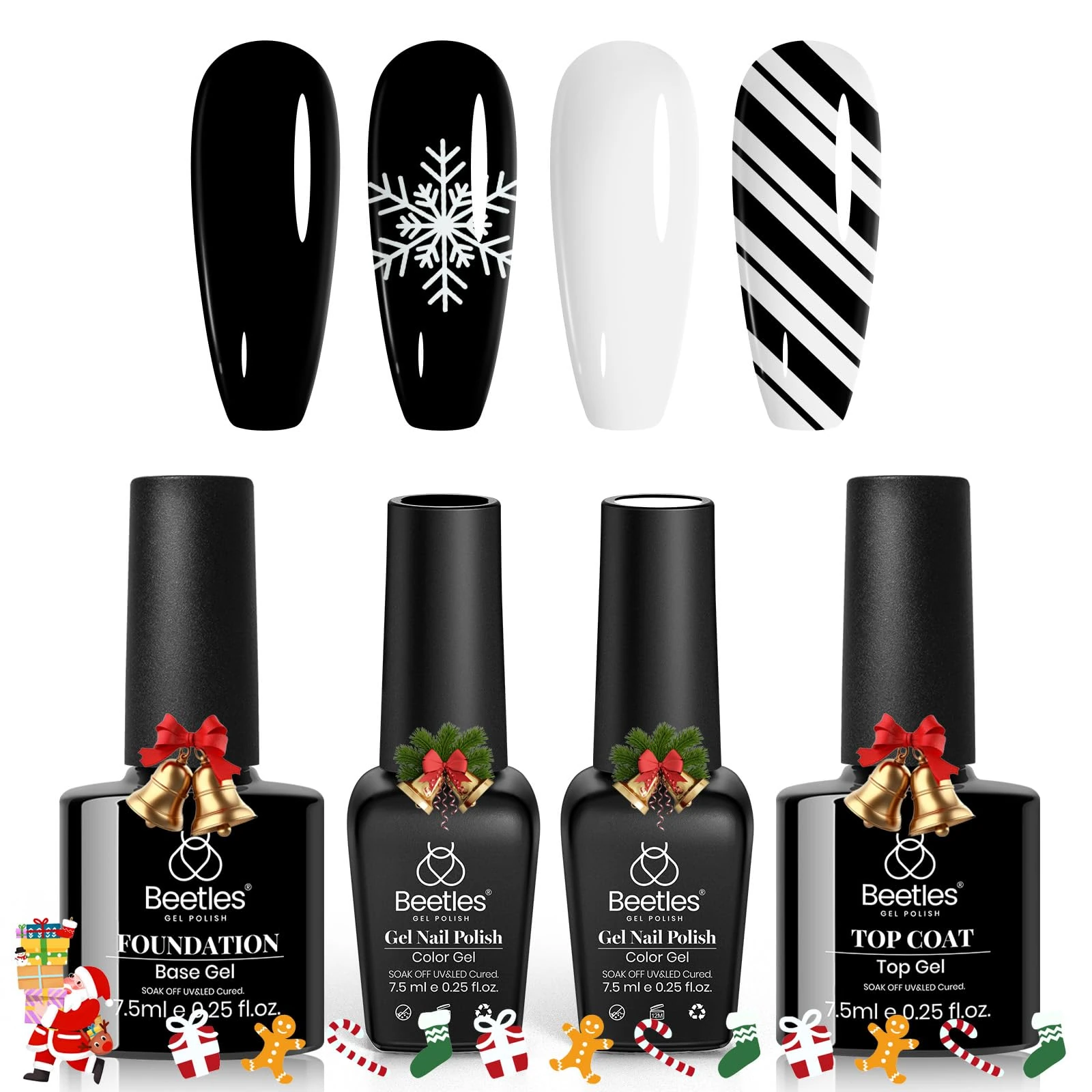 Beetles Gel Polish Kit- 4Pcs 7.5Ml Black White Colors with No Wipe Top Coat and Base Gel Polish Set Shine Finish and Long Lasting Soak Off UV Nail Gel Manicure