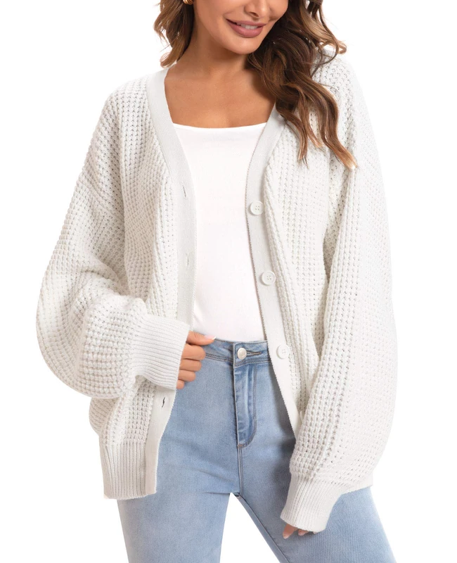 QUALFORT Women's Cardigan Sweater 100% Cotton Button-Down Long Sleeve Oversized Knit Cardigans, Off White, Medium