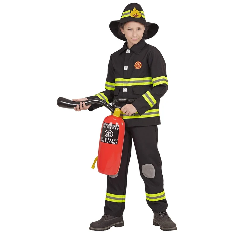 Widmann 96799 96799 Children's Fireman Costume, Top, Trousers and Helmet, Work, Carnival, Theme Party, Boys, Black/Neon Yellow, 104 cm