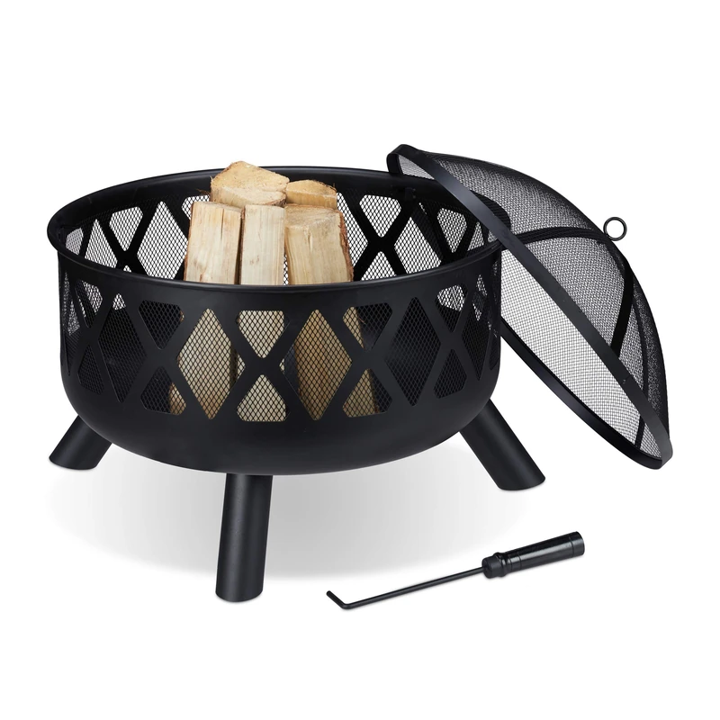 Relaxdays Fire Bowl with Spark Protection, Ø 62 cm, with Poker, for Garden and Terrace, Outdoor Firepit, Steel, Black