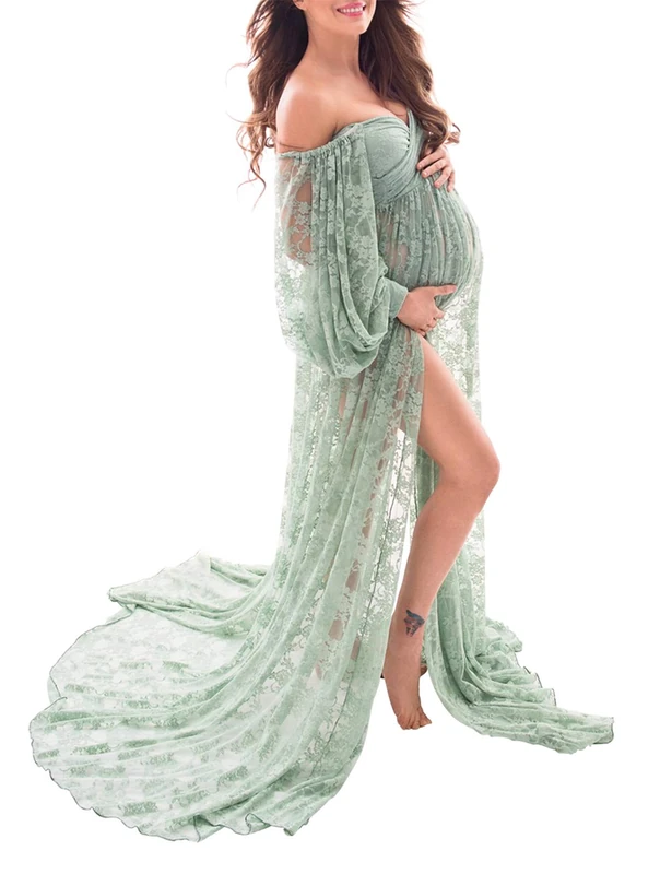 Saslax Soft Stretchy Lace Off Shoulder Doubly Split A-line Skirt Maternity Dress Pregnancy Maxi Gown for Photoshoot, Sage, XL - Image 1