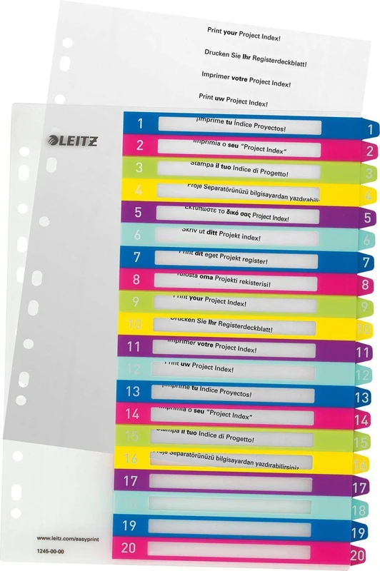 Leitz Index for A4, Pack of 6, PC-writable Cover Sheet and 20 dividers, tabs with Number Print 1-20, Extra Width, Multicoloured, Polypropylene, Wow, 12450000