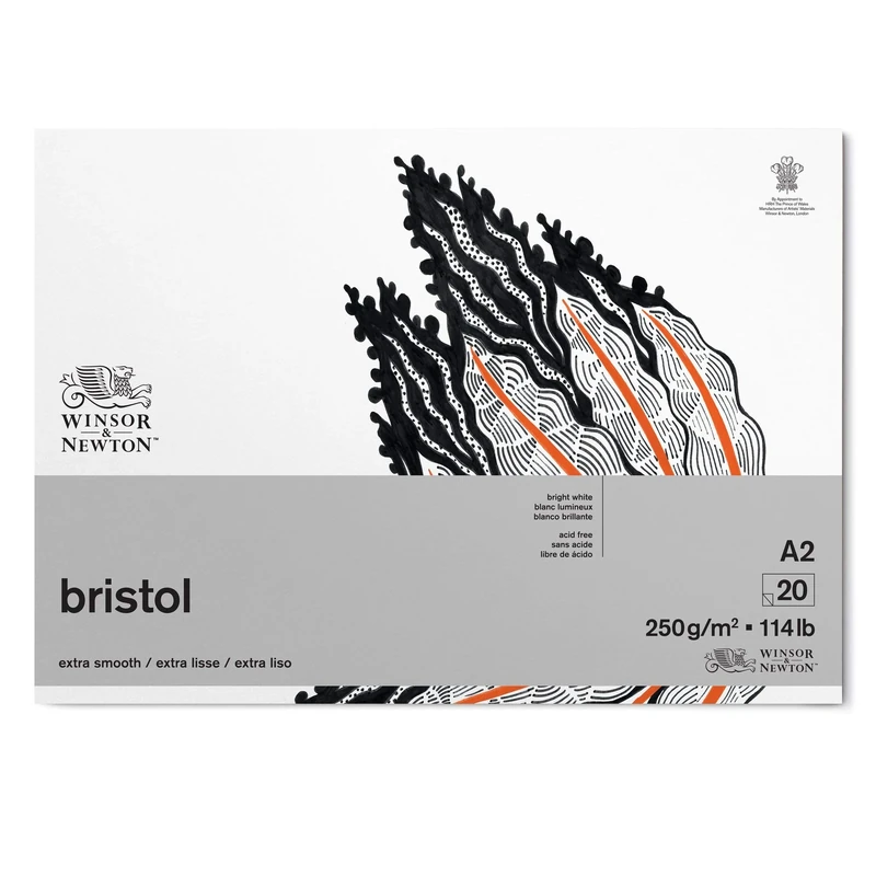 Winsor & Newton Bristol 6661547 Drawing Paper in Pad - 20 Sheets DIN A2 250 g/m² Glued Top Bright White Paper for Drawings with Technical Pens, Fineliners, Ink, Markers, Airbrush