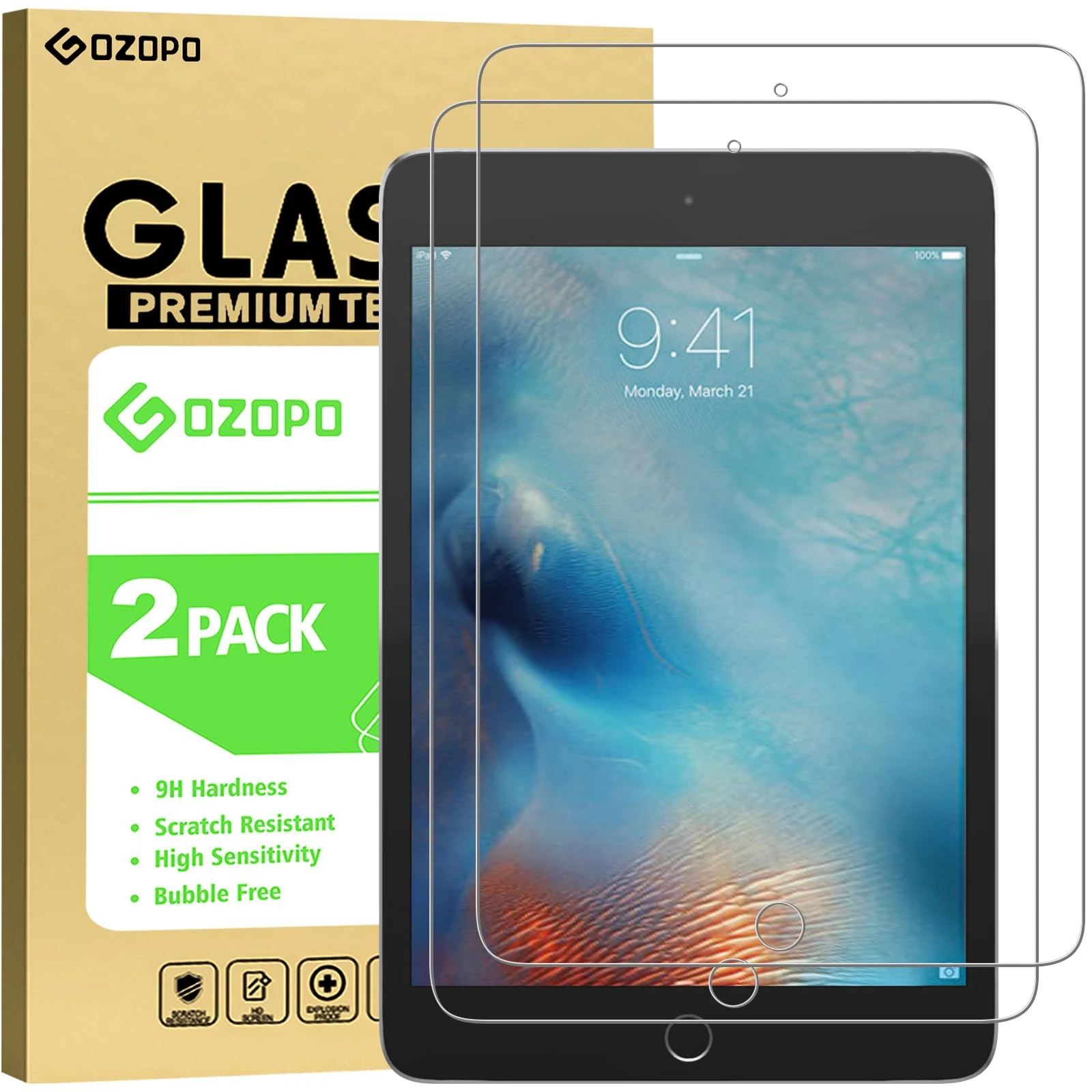 GOZOPO Screen Protector for iPad mini 5 (2019) and iPad Mini 4, iPad mini 5th / 4th Generation Tempered Glass Film [2-Pack]