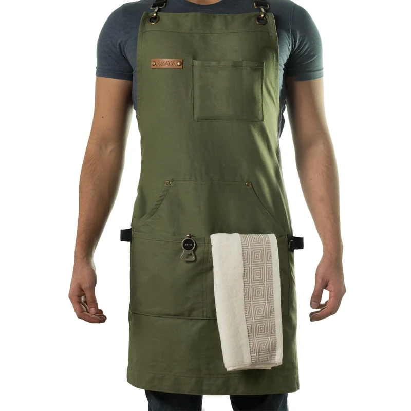 Asaya Chef, BBQ and Work Apron with Bottle Opener and Hand Towel - Durable 10oz Cotton Canvas, Brass Hardware and Cross Back Straps - for Men, Women, Grilling, and Cooking (Green)