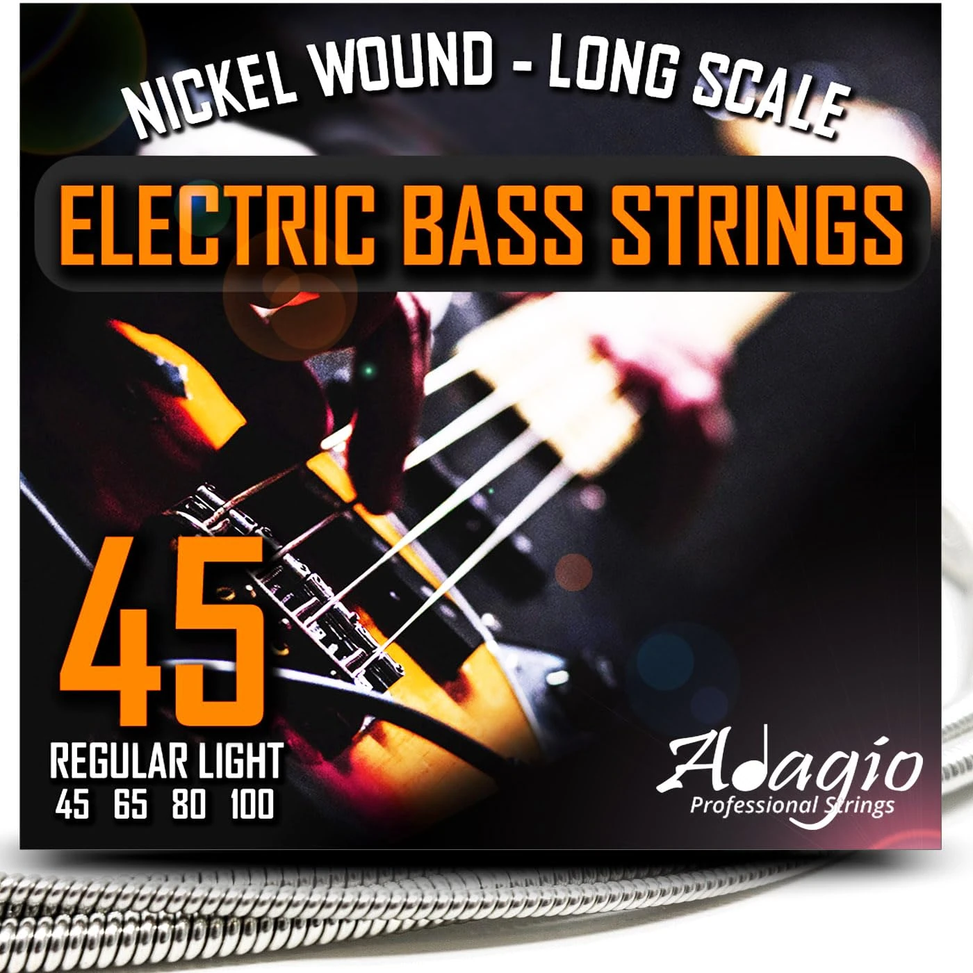 .045-100 Medium/Light Electric Bass Guitar Strings Set for Power/Swing Nickel Plated - ADAGIO PRO