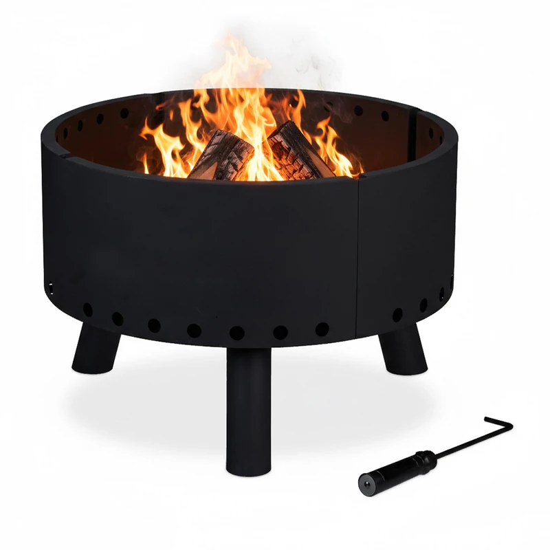 Relaxdays Fire Bowl with Heat Shield and Poker, High Rim for Spark Protection, Basket, HxD: 40.5 x 58.5 cm, Black