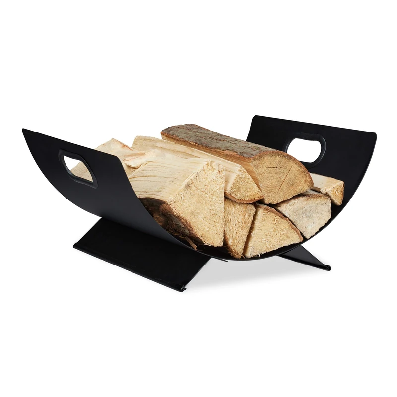Relaxdays Firewood Holder, Metal Wood Basket, Modern, Indoor Log Storage Rack, Large, HxWxD: 18.5 x 40.5 x 33 cm, Black