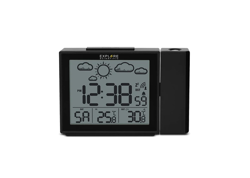 Explore Scientific RPW3009 Radio Controlled Time Display Projection Clock Weather Function USB Port Charging Phone Indoor Temperature Sensor Black