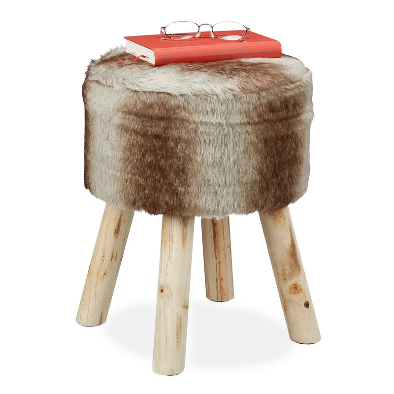 Relaxdays Ottoman, Decorative Faux Fur, Soft Round Seat Stool, Wooden Legs, Country Style, HxØ: 42 x 33 cm, Grey/Brown - Image 1