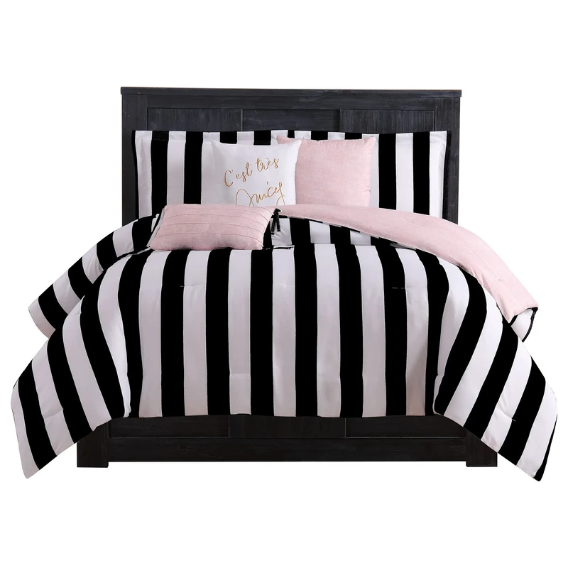 Juicy Couture Comforter Set, Polyester, Cabana Stripe Black/White, Queen