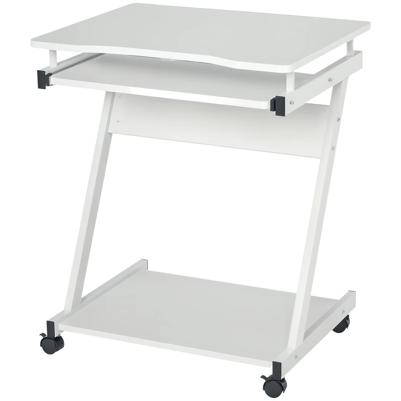 HOMCOM Mobile Computer Desk Z-Shaped Writing Desk 4 Wheels White