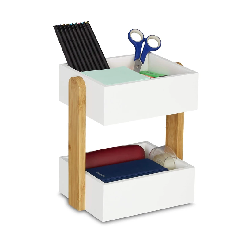 Relaxdays Desk Organiser, 2 Open Compartments, Office Storage Box, H x W x D 25 x 22.5 x 16.5 cm, Bamboo & MDF, white, Fibreboard