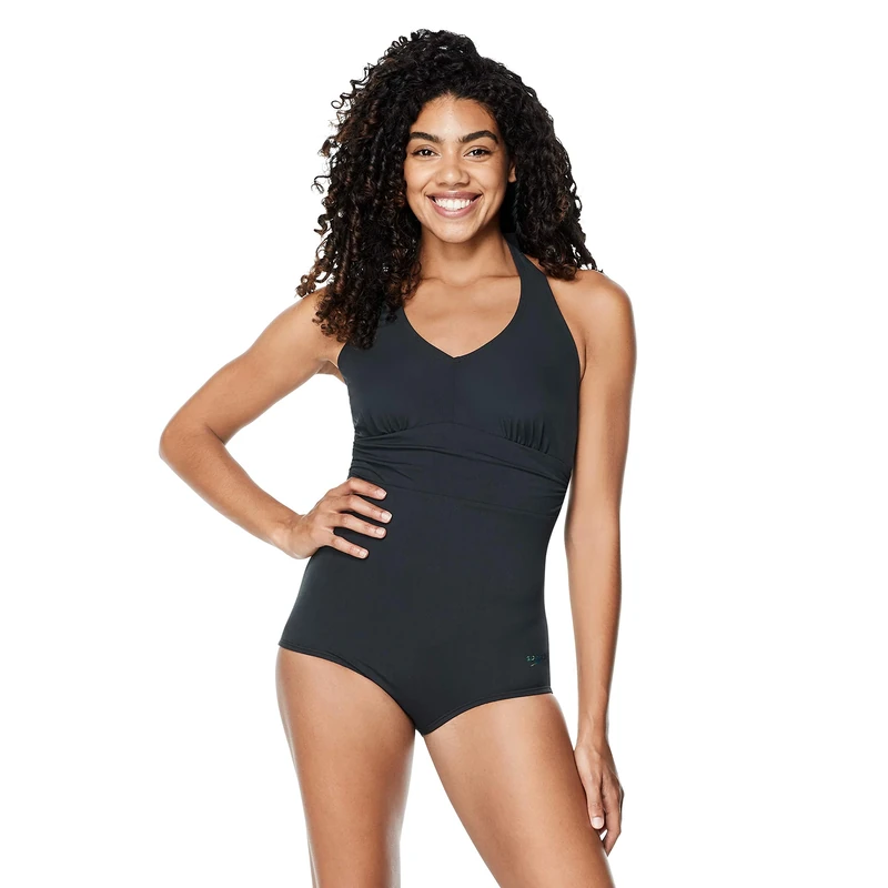 Speedo Women's Swimsuit One Piece V-Neck Shirred Halter Moderate Cut