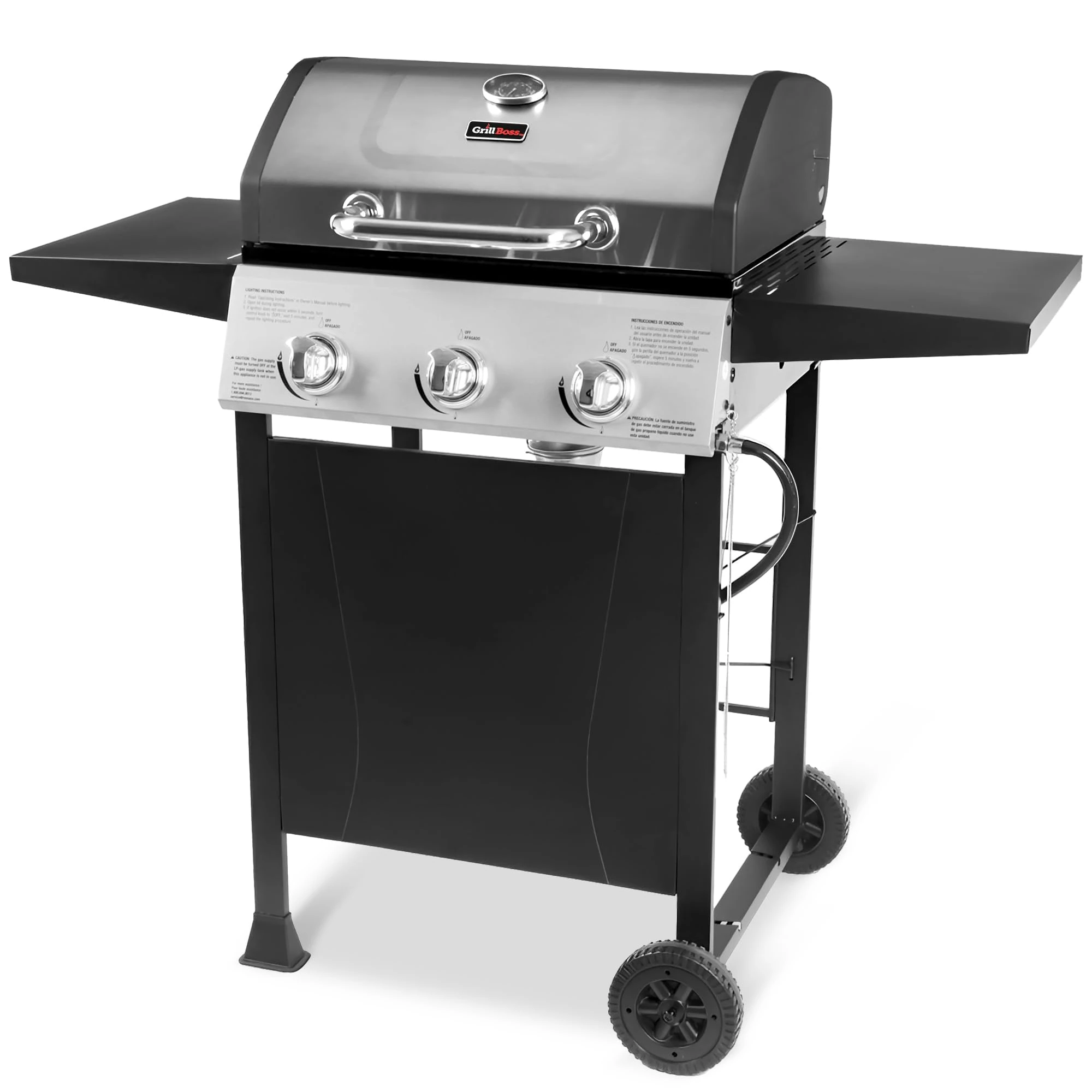 Grill Boss 3 Burner Propane Gas Grill, Portable BBQ w/Lid, Wheels & Side Shelves, Black - Grilling Accessories and Equipment for Camping, Tailgating, Outdoor Barbecue and Cooking