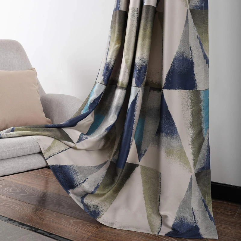 Leeva Heavy Curtains and Drapes for Patio and Office, Grommet Top Vintage Blue Geometric Print Windows Treatment Room Darkening Curtain for Bedroom, 2 Panels, 52x63