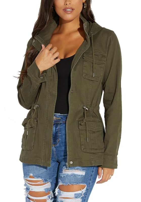 SheKiss Womens Camouflage Shacket Jacket Coats Fashion Fall Long Sleeve Zipper Canvas Camo Jackets with Pockets, Army Green, 3XL
