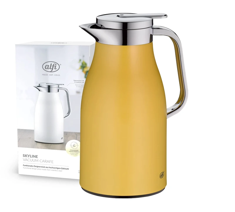 alfi SKYLINE 1.0 L, Spicy Mustard Mat, Stainless Steel Vacuum Flask with Hygienic Tempered Glass Insert, Screw Cap with Comfortable Push Button, Ergonomic Handle, with One Hand, Ideal as a Coffee Pot