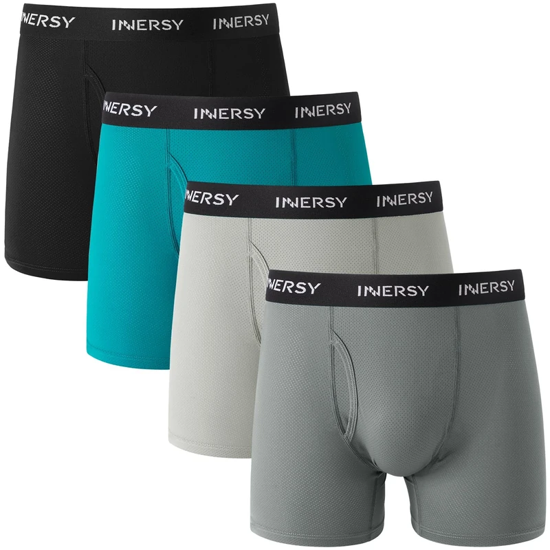 INNERSY Boxers for Men Open Fly Fronts Trunks Underwear Soft Smooth Underpants Multipack 4 (L, Black/Dark Tiffany/Dark Grey/Pale Grey)