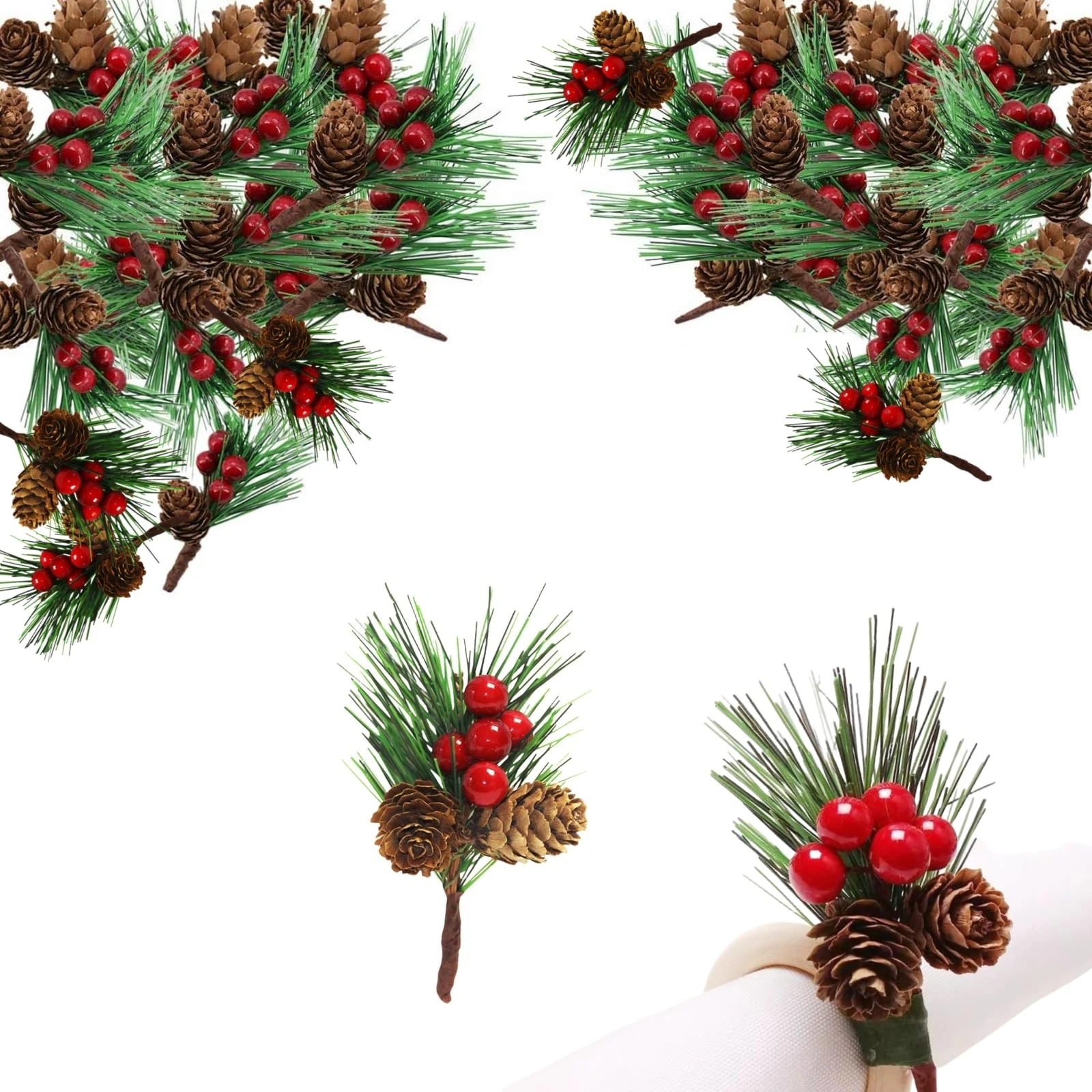 10 Pcs Artificial Pine Picks Christmas Pine Needles with Red Berries Pines Cones,Christmas Artificial Pines Cones Berry Stems Decor Bouquets for Craft,Garden,Xmas Flower Arrangements Wreaths Decor