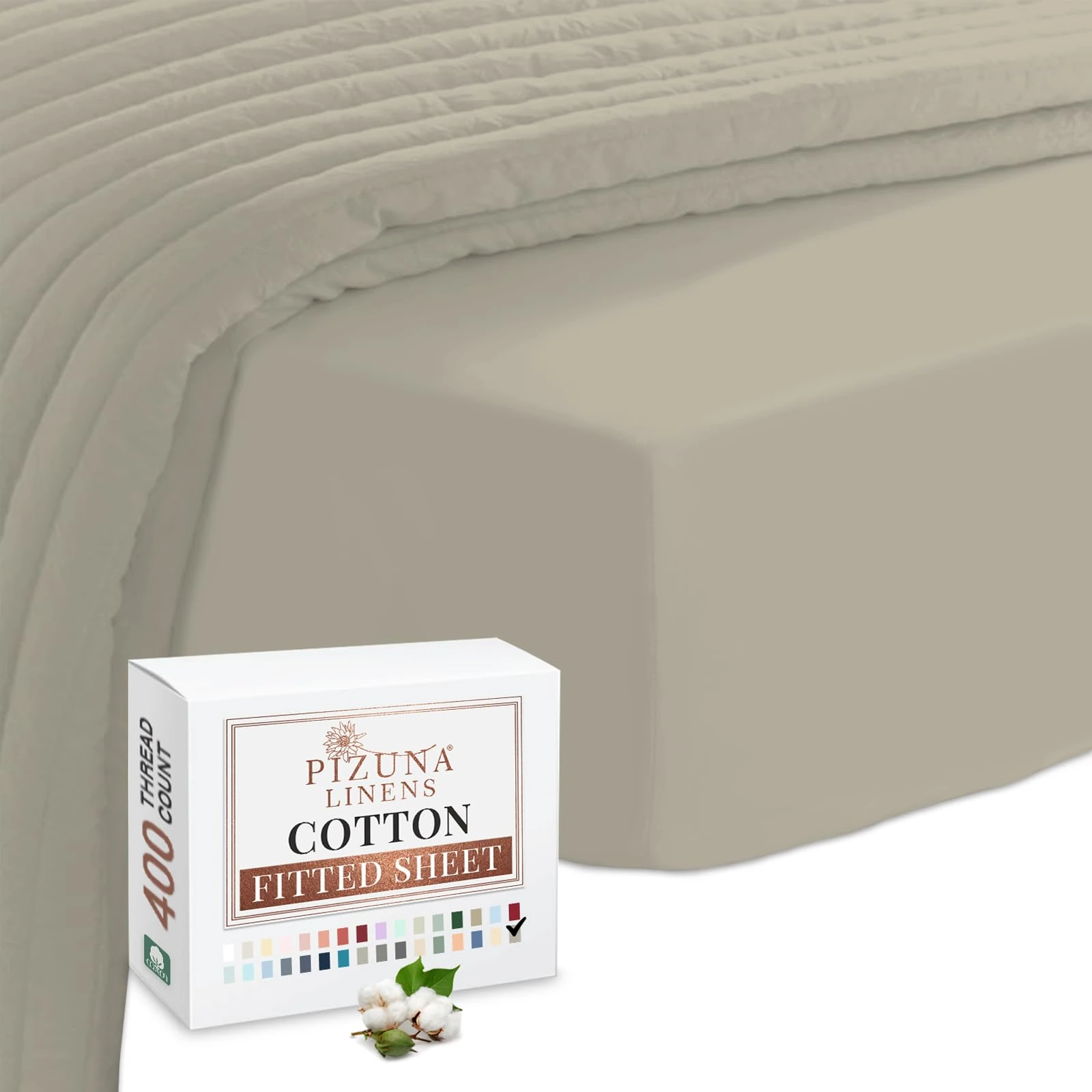 Pizuna 100% Cotton Small Single Fitted Sheet Simply Taupe, 400 Thread Count Long Staple Cotton Small Single Fitted Sheet 80x200 cm, Sateen Weave 40 cm Deep Fitted Sheets 1 PC Simply Taupe