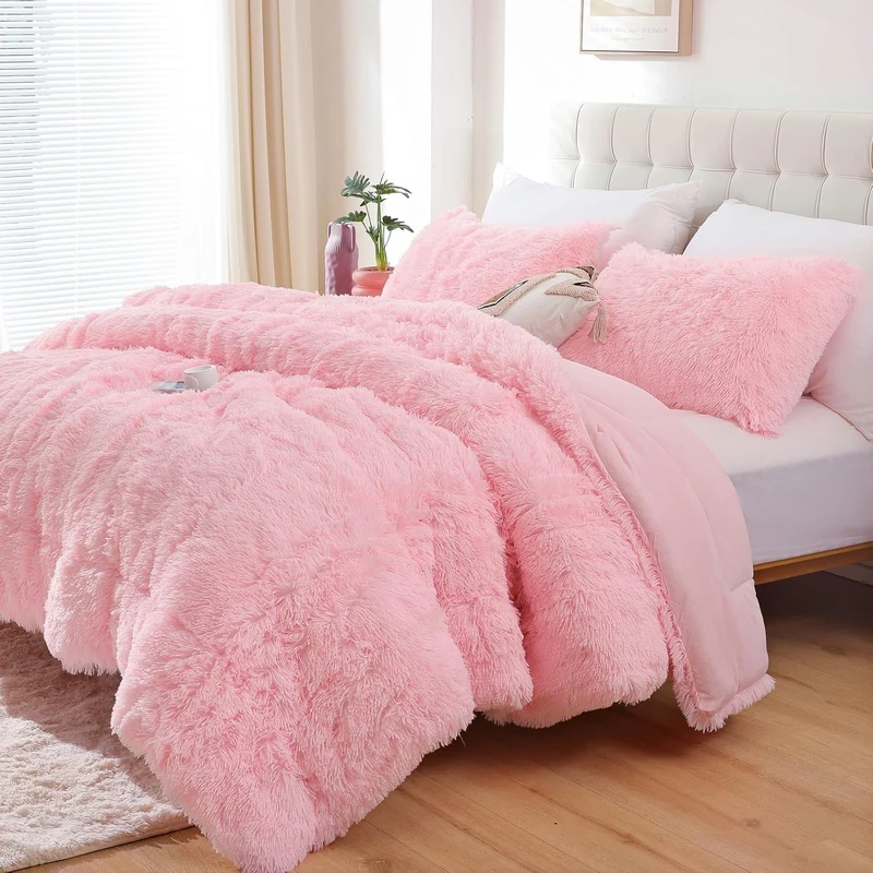 Smoofy Fluffy Bedding, Pink Comforter, Pink Comforter Queen Size Velvet Bedding with 2 Pillowcases, Ultra Soft Warm
