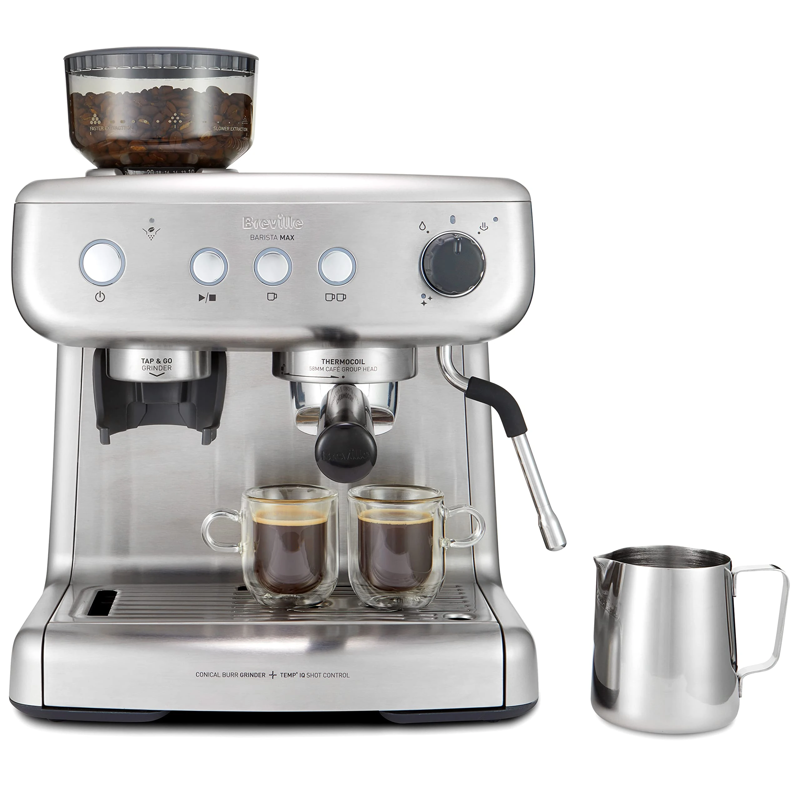 Breville Barista Max Espresso Machine | Latte & Cappuccino Coffee Maker with Integrated Bean Grinder & Steam Wand | 2.8 L Water Tank | 15 Bar Italian Pump | Stainless Steel