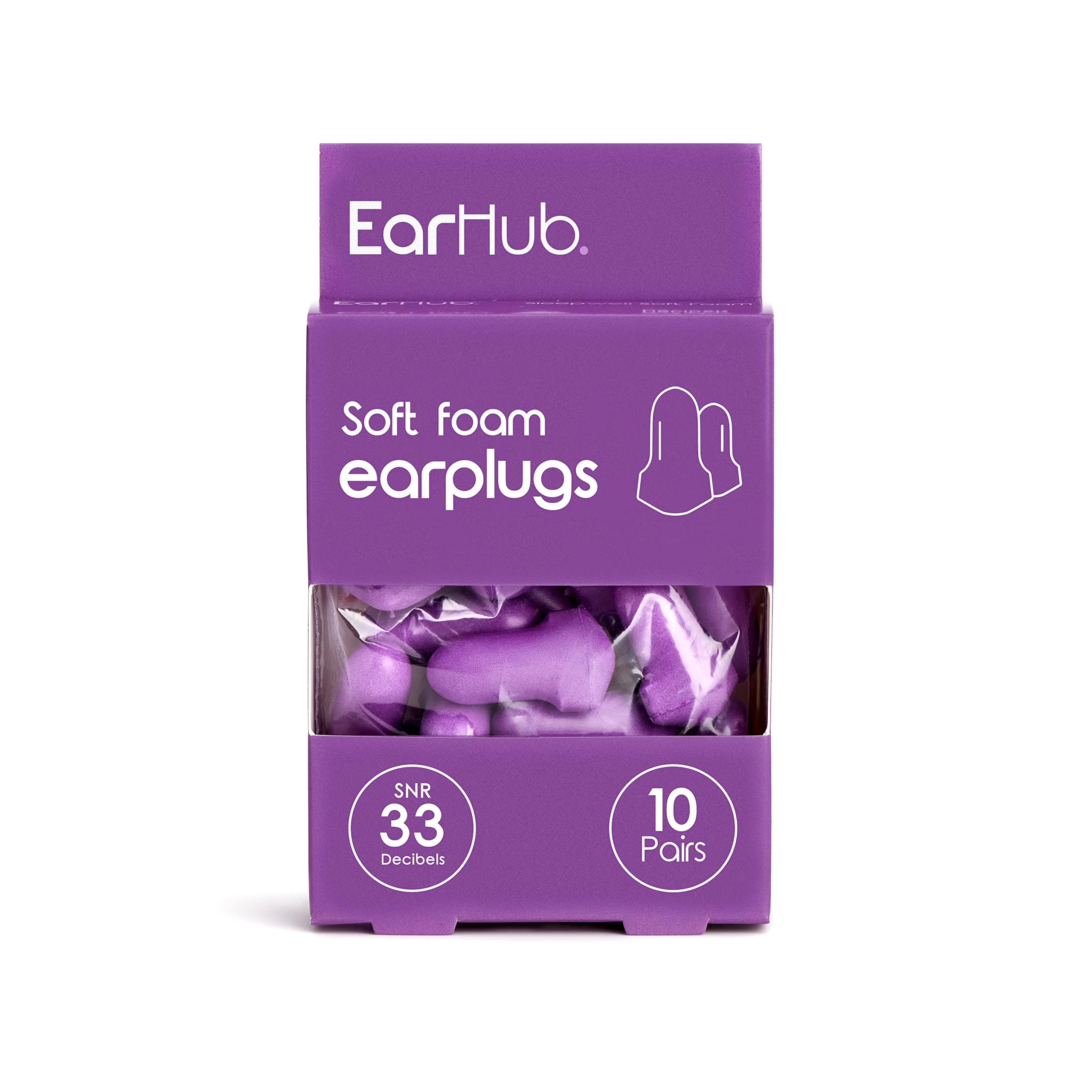 EarHub Sleepwell Soft Foam Earplugs, Hearing Protection 33dB, Ear Plugs Best Used for Sleep, Also Used for Travel, Work, Study & Concerts, Purple, 10 Pairs