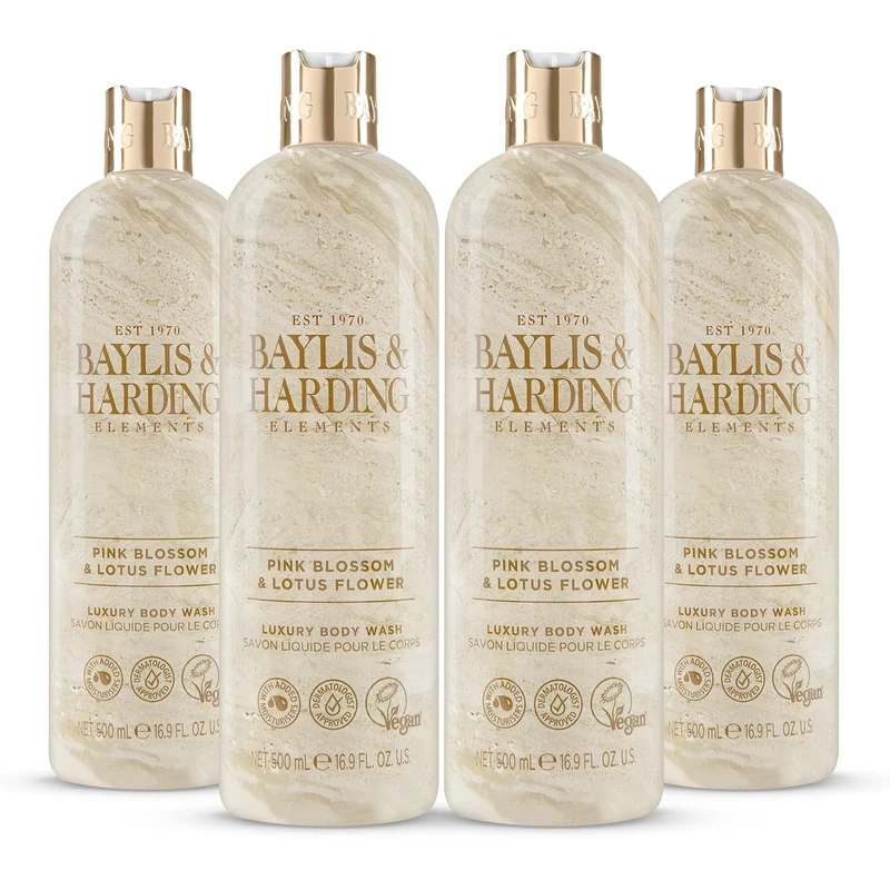 Baylis & Harding Elements Pink Blossom & Lotus Flower Luxury Body Wash, 500 ml (Pack of 4) - Vegan Friendly