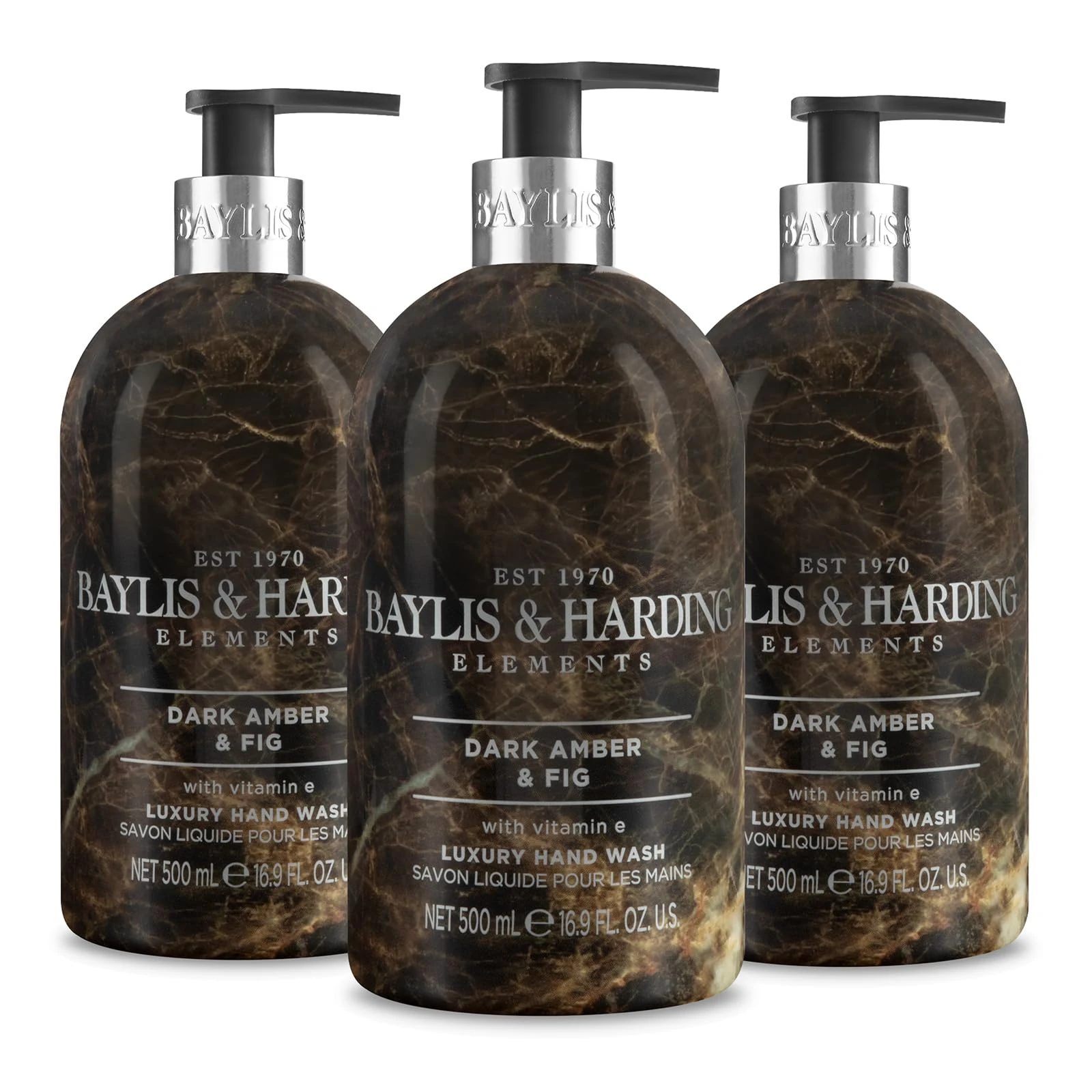 Baylis & Harding Dark Amber & Fig Elements Hand Wash, 500 ml (Pack of 3) - Vegan Friendly