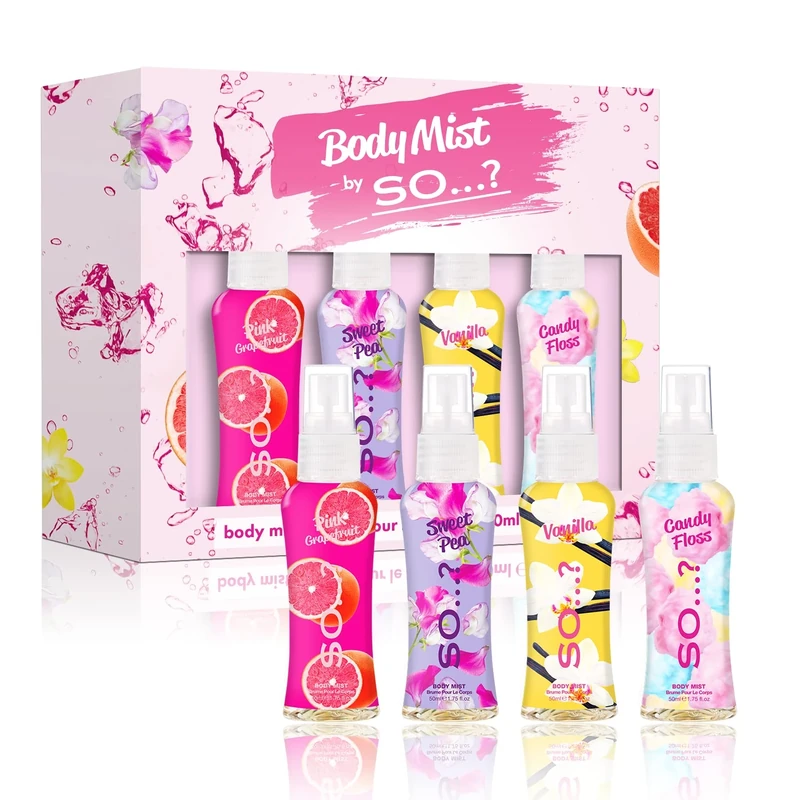 Body Mist By So…? Womens Mini Body Mist Gift Set, with Red Velvet, Vanilla, Candy Floss & Sweet Pea, Fragrance Spray Set (4x50ml)