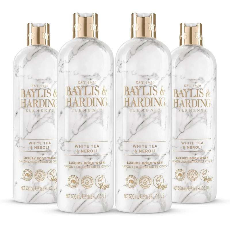 Baylis & Harding Elements White Tea & Neroli Luxury Body Wash, 500 ml (Pack of 4) - Vegan Friendly