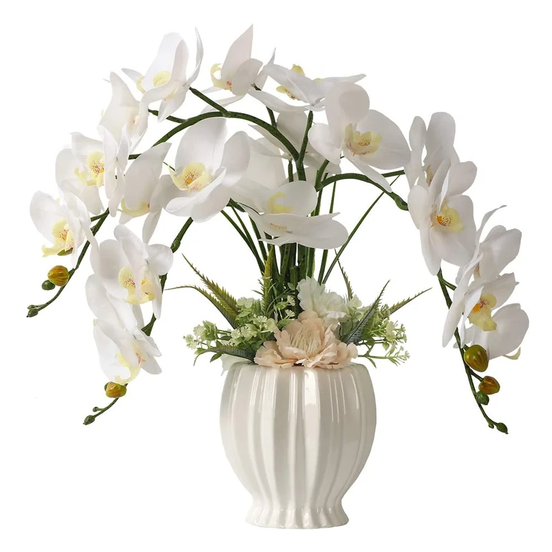 LESING Artificial Flowers Ochids Plants Fake Orchid in Pot Artificial Flowers with Vase Orquidea Faux Orchid for Home Indoor Decoration (Style 3,White Vase)