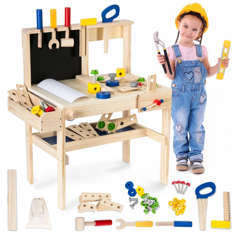 Mamabrum Wooden Workbench for Kids, Tool Bench for Kids Toy Play, Wooden Work Bench for Children, Tools & Accessories Included, DIY Play Set for Boys & Girls