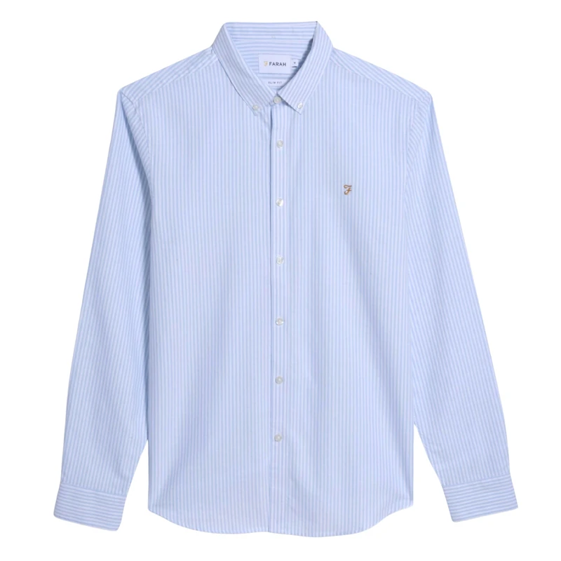 Farah - Men's Shirt, Brewer Stripe Slim Fit Shirt, Organic Cotton, Indigo Oxford Shirt, Casual-Style Shirt, Sky Blue, XXL