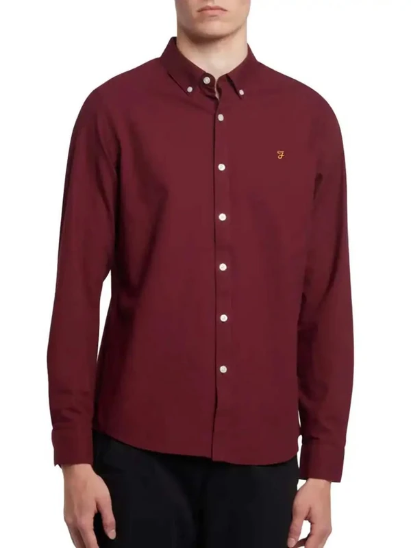 Farah - Men's Shirt, Brewer Slim Fit, Organic Cotton, Indigo Oxford Shirt, Casual-Style Shirt, Bordeaux, XL