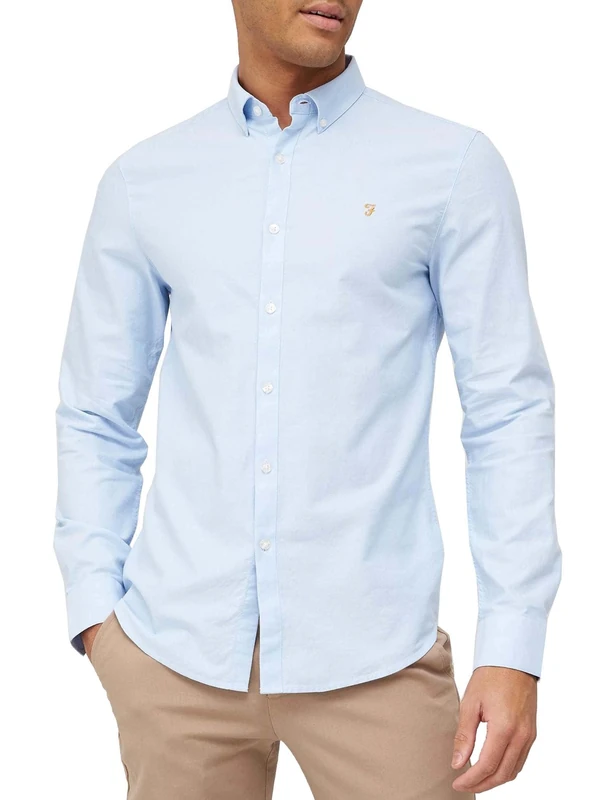 Farah - Men's Shirt, Brewer Slim Fit, Organic Cotton, Indigo Oxford Shirt, Casual-Style Shirt, Sky Blue, S