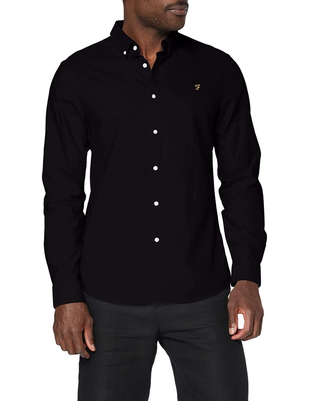 Farah Men's Brewer Cotton Oxford Slim Fit Shirt, Black, S UK