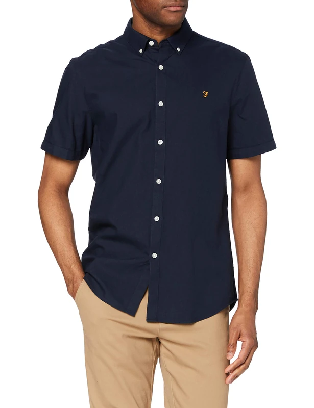 Farah - Men's Shirt, Brewer Slim Fit, Organic Cotton, Indigo Oxford Shirt, Casual-Style Shirt, Navy, S