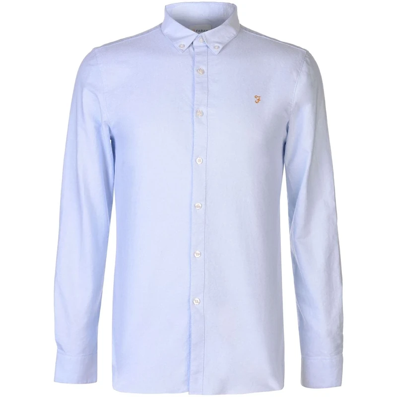 Farah - Men's Shirt, Brewer Slim Fit, Organic Cotton, Indigo Oxford Shirt, Casual-Style Shirt, Sky Blue, XS