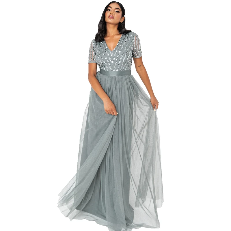 Maya Deluxe Women's Maxi Dress Ladies Bridesmaid V-Neck Ball Gown Short Sleeves Long Elegant Empire Waist Wedding, Misty Green, 14