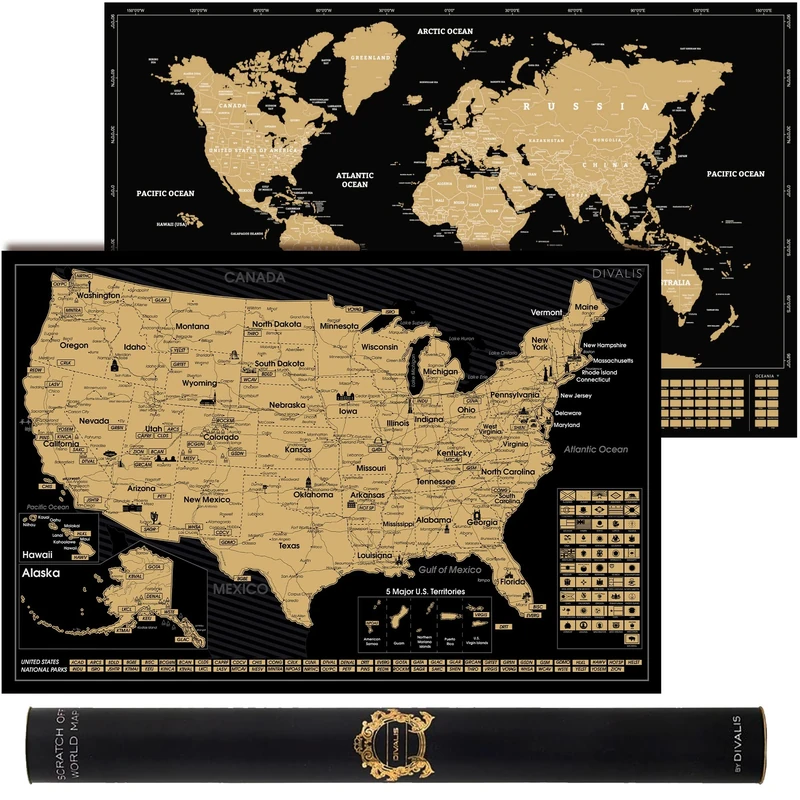 2 in 1 Gift Set - Scratch Off World Map and Scratch Off US Map - Easy to Frame Scratchable World and United States of America Posters - Globetrotters Wall Map - Black and Gold Travel Tracker