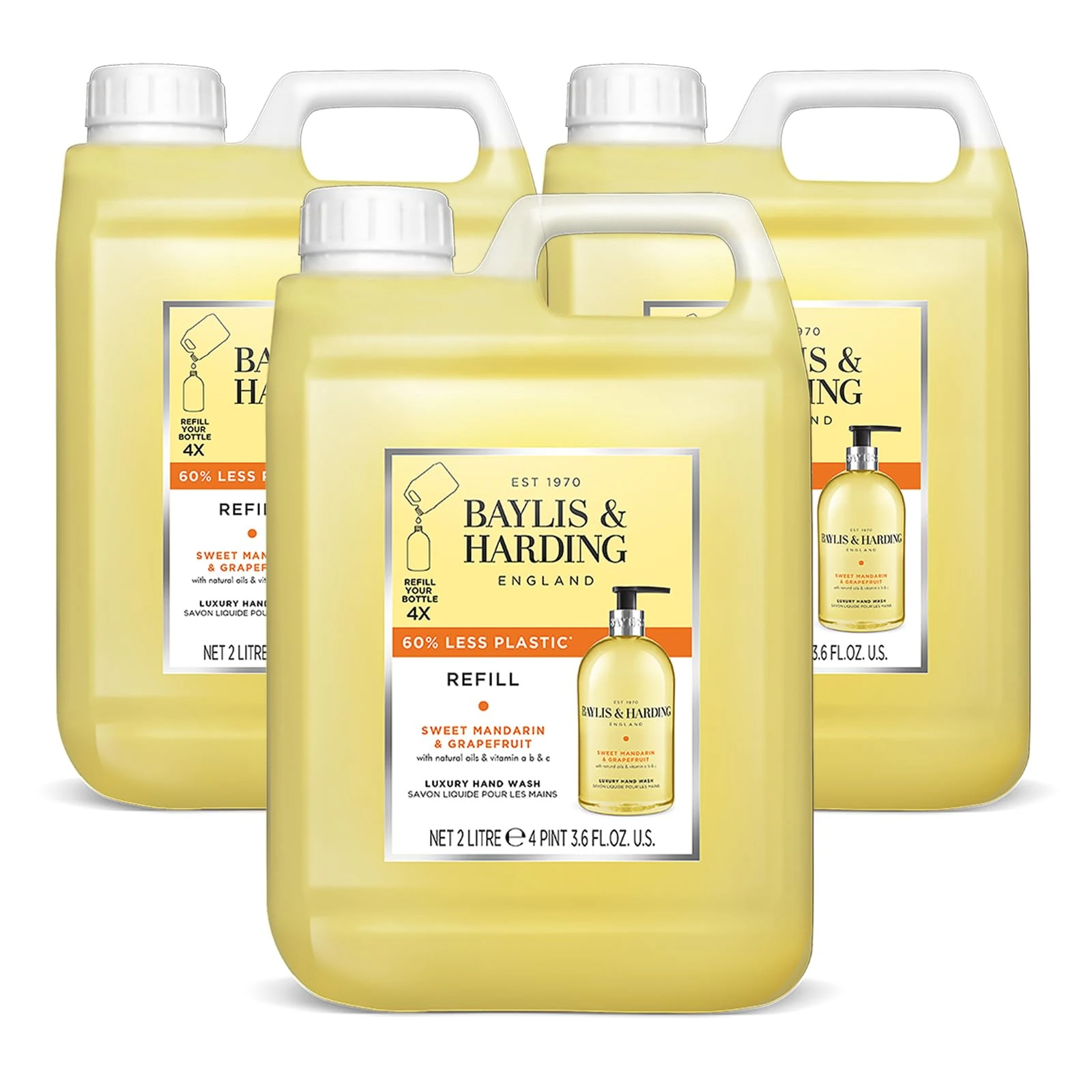 Baylis & Harding Sweet Mandarin and Grapefruit Hand Wash 2 Litre Refill (Pack of 3 - Total 6 litres) - Vegan Friendly
