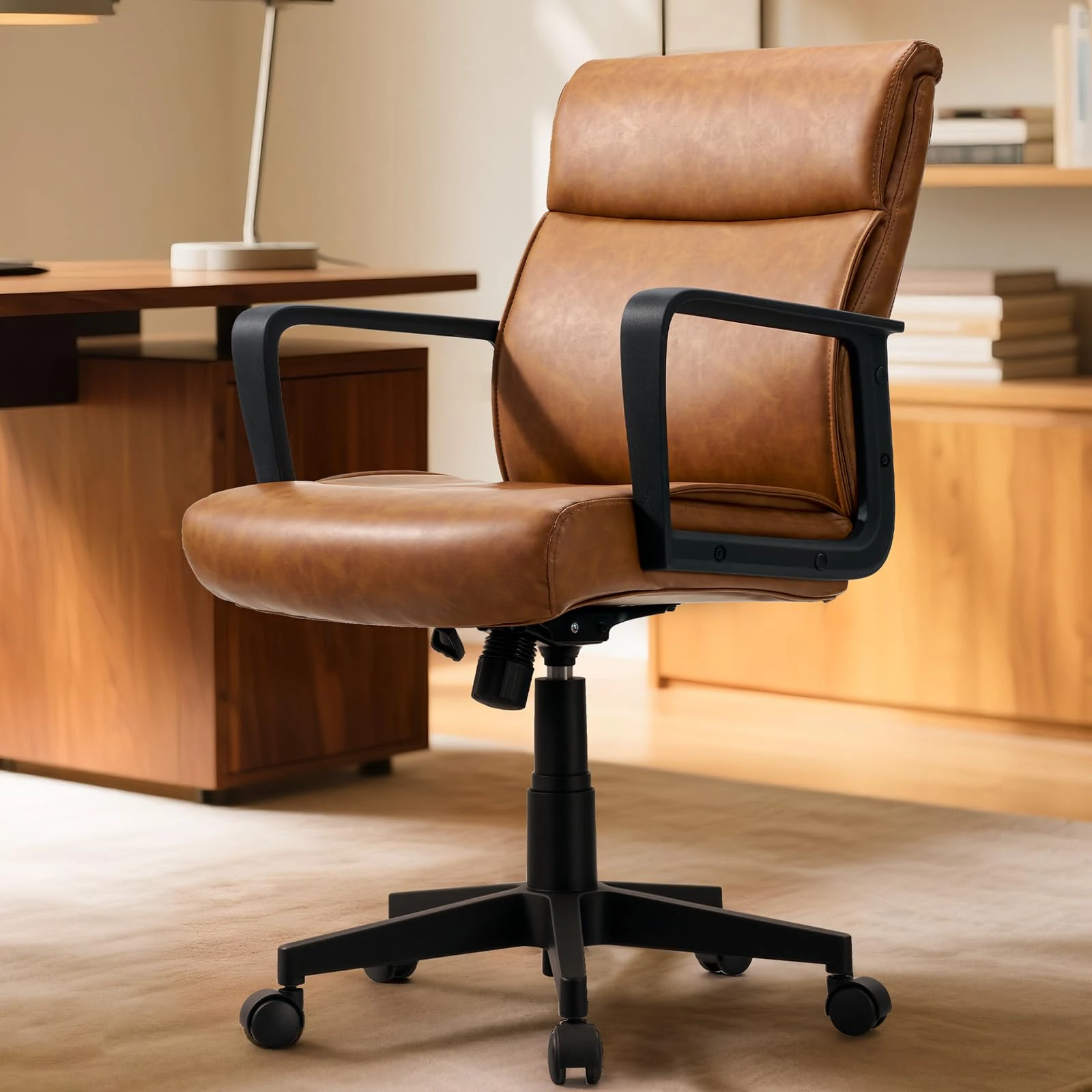 Artswish Brown Mid-Century Modern Office Chair, Leather, Adjustable, Recliner, Mid Back, Desk Chair, Home Office