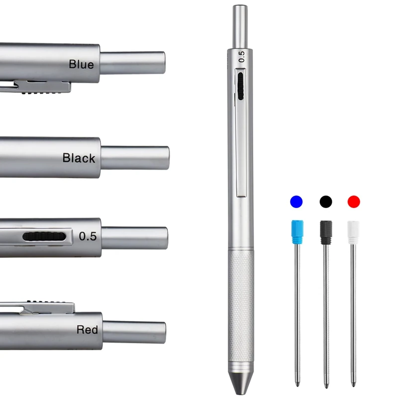 HeTaoCat 4 in 1 Multicolor pen, Metal Cased Multifunction Pen, 0.5mm Mechanical Pencil, Red, Blue and Black (Silver)